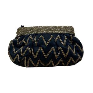 Vintage Genie Black Gold Beaded Zigzag Design Zipper Closure Evening Clutch Size